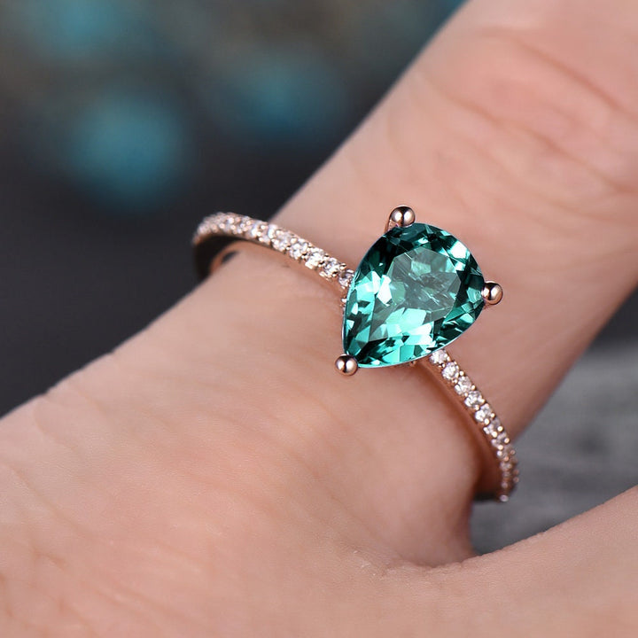 Teardrop Emerald engagement ring solid 14k rose gold under halo real diamond ring emerald  ring vintage promise wedding May birthstone ring