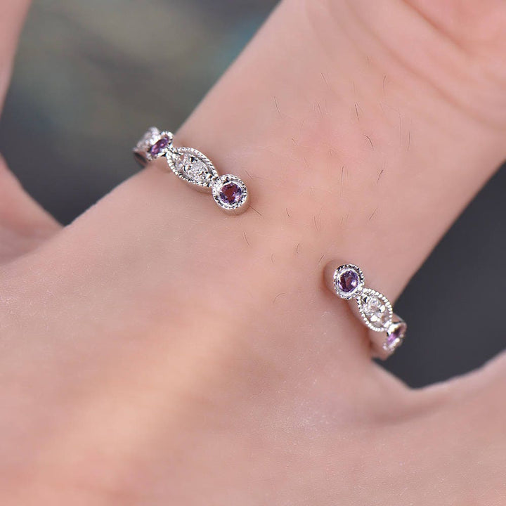 Amethyst diamond wedding ring band 14k white gold amethyst ring gold real diamond stacking half eternity open gap art deco ring band Migrain