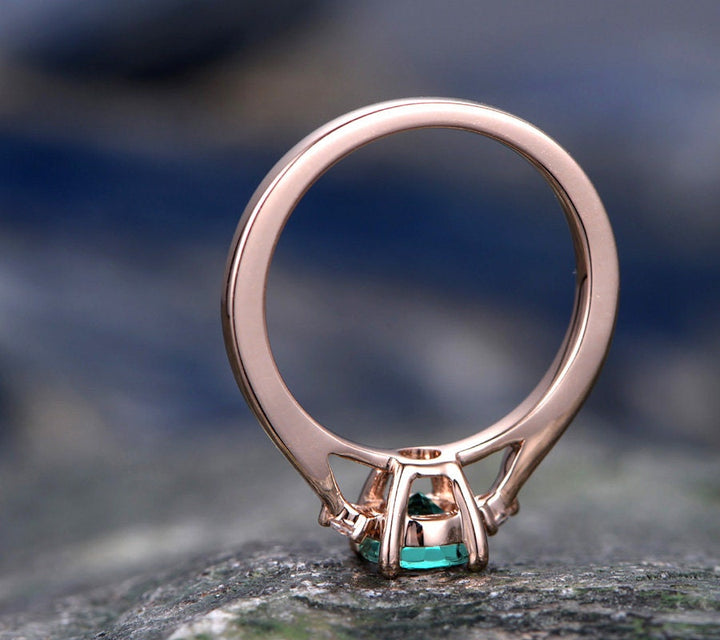 Three stone emerald engagement ring rose gold emerald ring gold diamond ring may birthstone antique Lab emerald wedding bridal promise ring