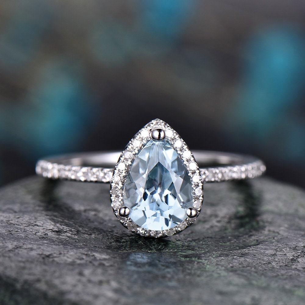 Aquamarine engagement ring-Solid 14k white gold-handmade diamond band ring-Stacking thin ring-6x8mm pear shape gemstone promise ring
