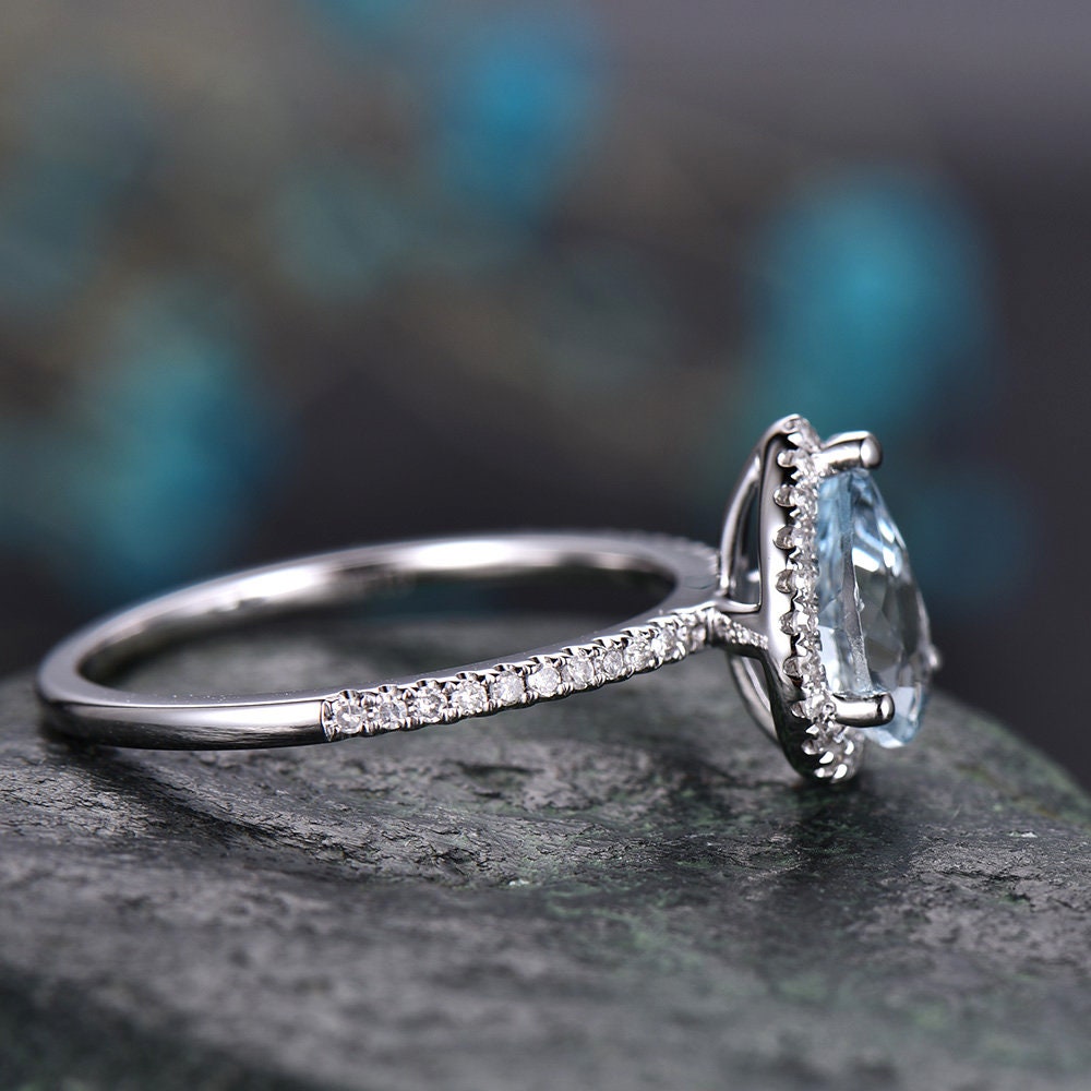 Aquamarine engagement ring-Solid 14k white gold-handmade diamond band ring-Stacking thin ring-6x8mm pear shape gemstone promise ring