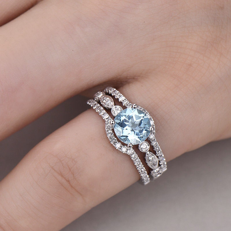 3pc blue aquamarine engagement ring set white gold diamond bridal set stacking matching band march birthstone unique wedding promise ring
