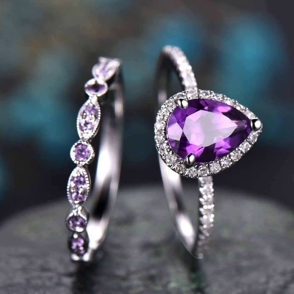 Amethyst engagement ring solid 14k White rose gold pear cut engagement ring amethyst wedding ring 2pc bridal set birthstone anniversary gift