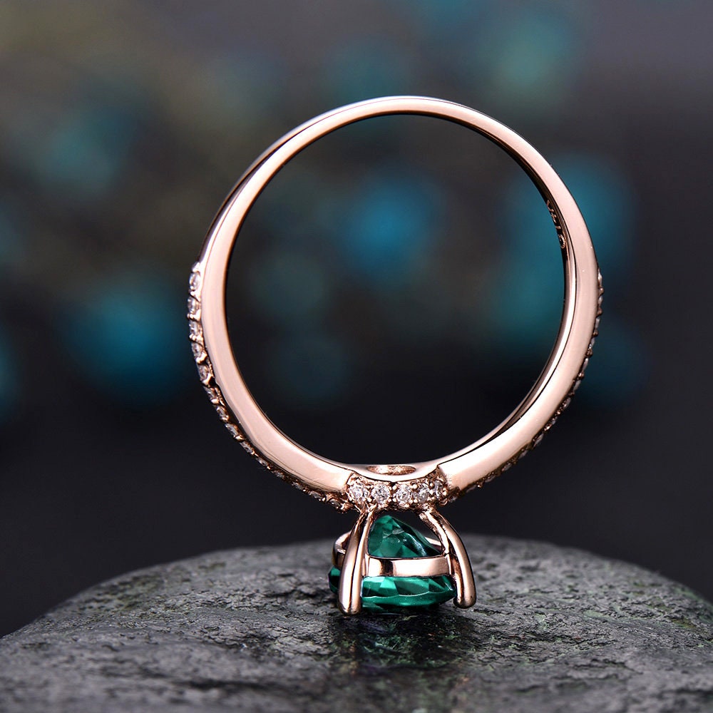 Teardrop Emerald engagement ring solid 14k rose gold under halo real diamond ring emerald  ring vintage promise wedding May birthstone ring