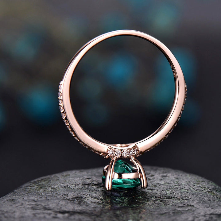 Teardrop Emerald engagement ring solid 14k rose gold under halo real diamond ring emerald  ring vintage promise wedding May birthstone ring