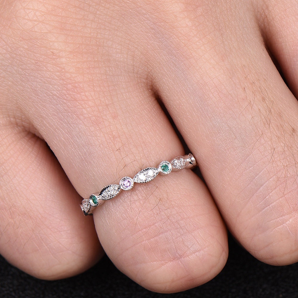 Emerald diamond wedding ring amethyst wedding band-solid 14k white gold full eternity matching band-promise ring for her,birthstone ring