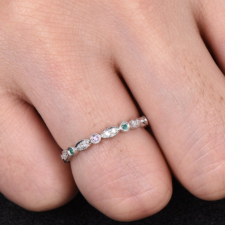 Emerald diamond wedding ring amethyst wedding band-solid 14k white gold full eternity matching band-promise ring for her,birthstone ring