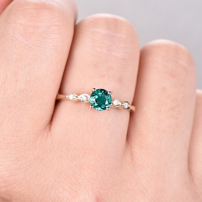 5mm green emerald engagement ring yellow gold tiny marquise diamond wedding ring band May birthstone ring emerald promise ring art deco ring