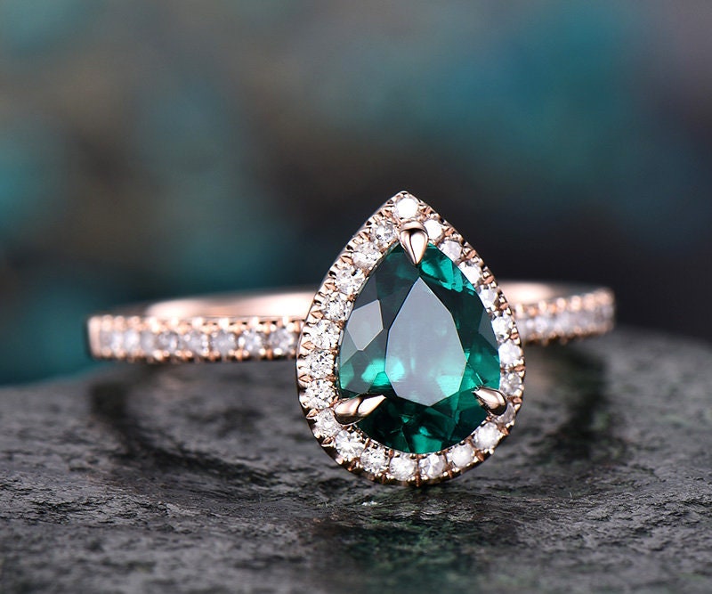 Only the green emerald engagement ring solid 14k rose gold ring diamond halo ring emerald ring rose gold green gemstone May birthstoner ring