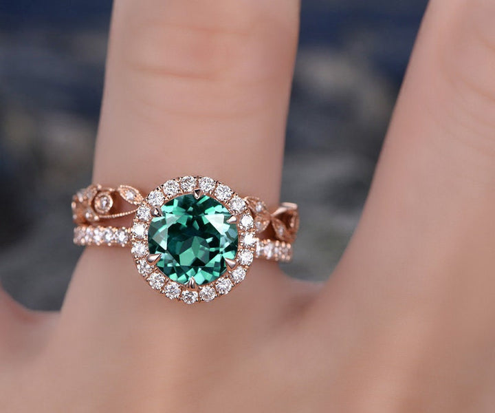 Emerald engagement ring set handmade solid 14k Rose gold ring moissanite halo bridal matching ring 7x7mm round green gemstone promise ring