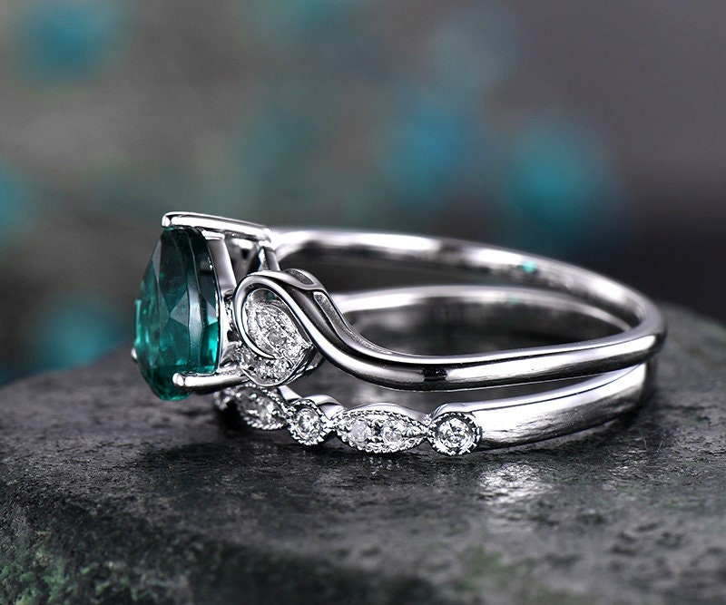 Emerald engagement ring set white gold-emerald ring gold handmade Diamond ring-2pcs floral Wedding ring set-May birthstone ring promise ring