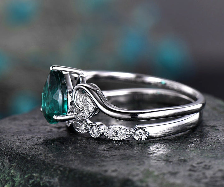Emerald engagement ring set white gold-emerald ring gold handmade Diamond ring-2pcs floral Wedding ring set-May birthstone ring promise ring