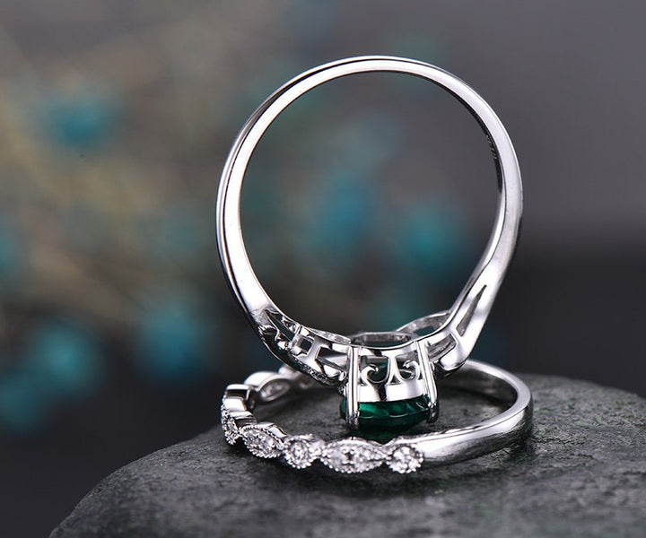 Emerald engagement ring set white gold-emerald ring gold handmade Diamond ring-2pcs floral Wedding ring set-May birthstone ring promise ring