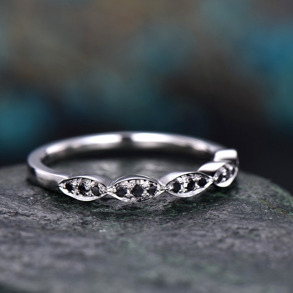 Black diamond wedding band-Solid 14k white gold-marquise diamond stacking ring-half eternity band-stacking matching band-Black diamond ring
