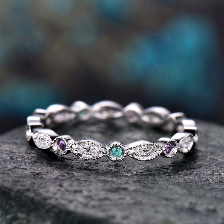 Emerald diamond wedding ring amethyst wedding band-solid 14k white gold full eternity matching band-promise ring for her,birthstone ring
