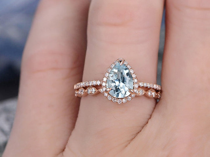 Aquamarine engagement ring set solid 14k rose gold handmade diamond halo ring 2pcs bridal set pear jewelry marquise promise wedding ring