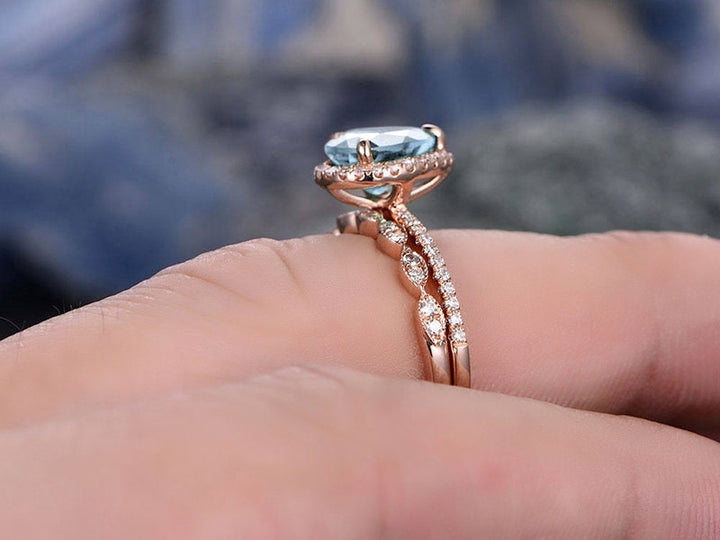 Aquamarine engagement ring set solid 14k rose gold handmade diamond halo ring 2pcs bridal set pear jewelry marquise promise wedding ring