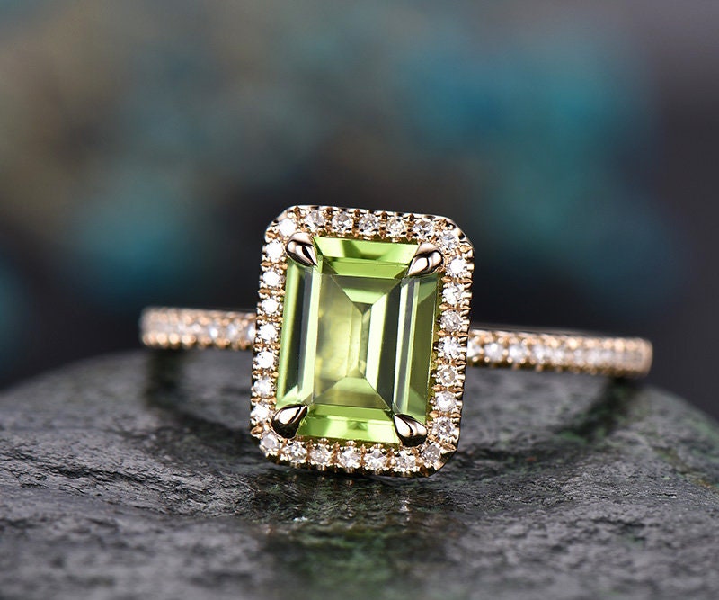 Natural peridot engagement ring 14k yellow gold-handmade halo Diamond wedding ring band 8x6mm emerald cut peridot August birthstone ring