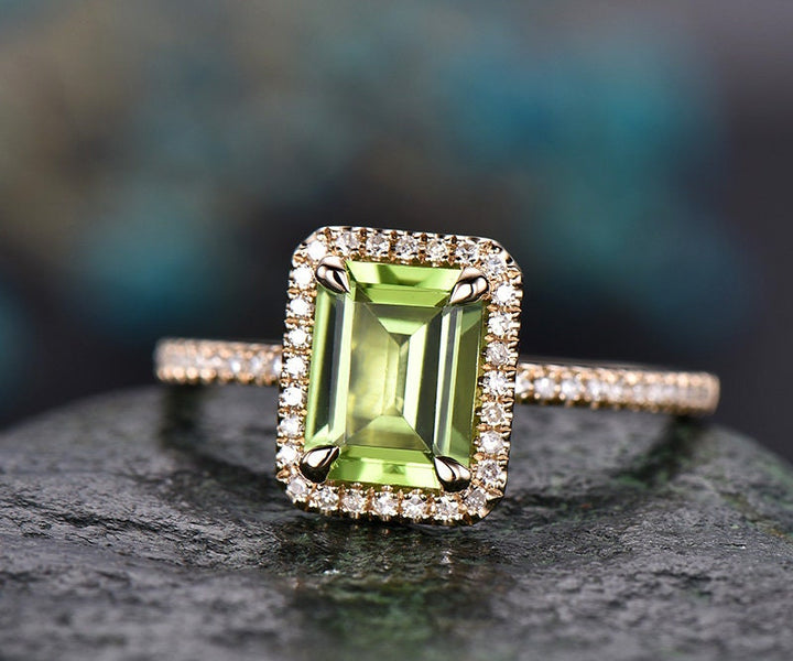 Natural peridot engagement ring 14k yellow gold-handmade halo Diamond wedding ring band 8x6mm emerald cut peridot August birthstone ring