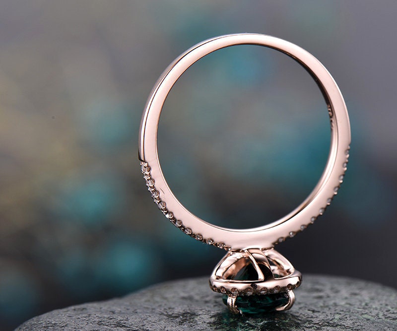 Only the green emerald engagement ring solid 14k rose gold ring diamond halo ring emerald ring rose gold green gemstone May birthstoner ring
