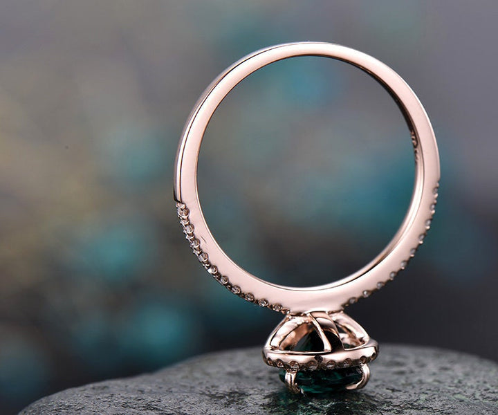 Only the green emerald engagement ring solid 14k rose gold ring diamond halo ring emerald ring rose gold green gemstone May birthstoner ring