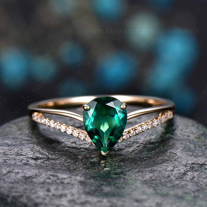 Pear cut emerald engagement ring 14k yellow gold diamond ring split shank stacking band gift unique antique wedding promise anniversary ring