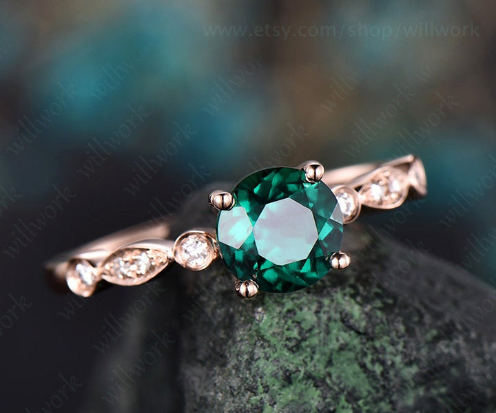 Green emerald engagement ring rose gold emerald ring gold May birthstone ring handmade vintage bridal marquise diamond wedding promise ring