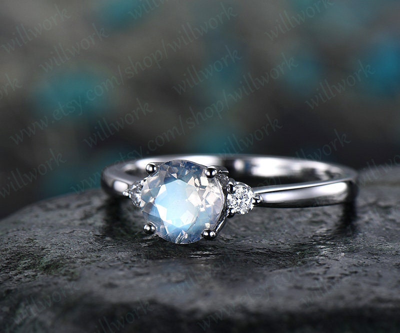 Natural Moonstone engagement ring-Solid 14k White gold-handmade diamond ring-three stone ring-6mm round cut moonstone ring promise ring