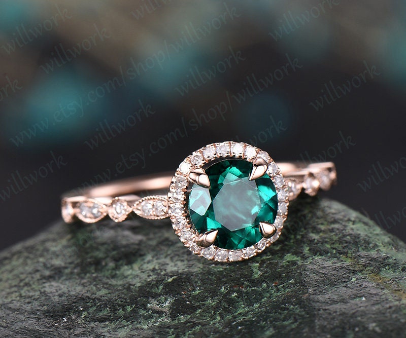ONLY THE Emerald engagement ring emerald ring gold bridal ring-handmade Diamond Wedding ring stacking ring round cut may birthstone ring