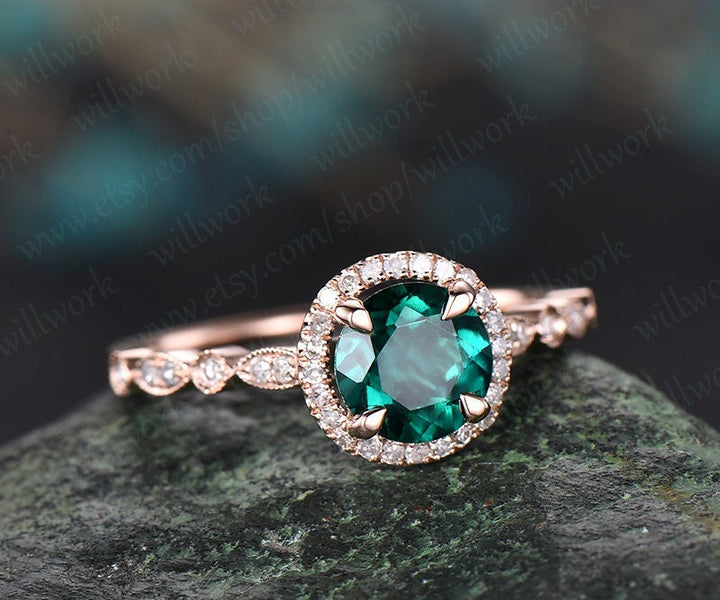 ONLY THE Emerald engagement ring emerald ring gold bridal ring-handmade Diamond Wedding ring stacking ring round cut may birthstone ring