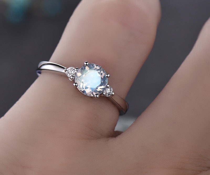 Natural Moonstone engagement ring-Solid 14k White gold-handmade diamond ring-three stone ring-6mm round cut moonstone ring promise ring
