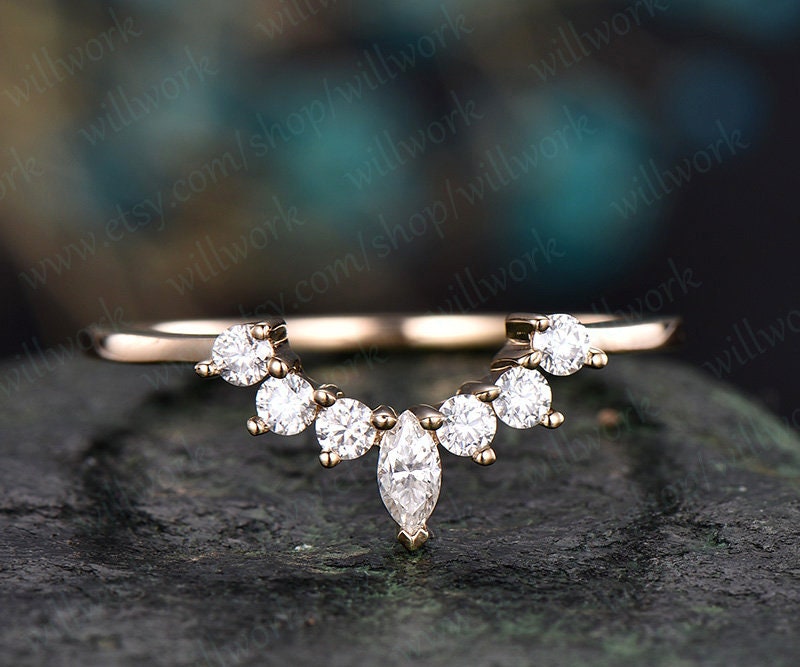 Marquise cut moissanite wedding ring 14k yellow gold crown moissanite matching band unique antique art deco curved wedding band gift for her