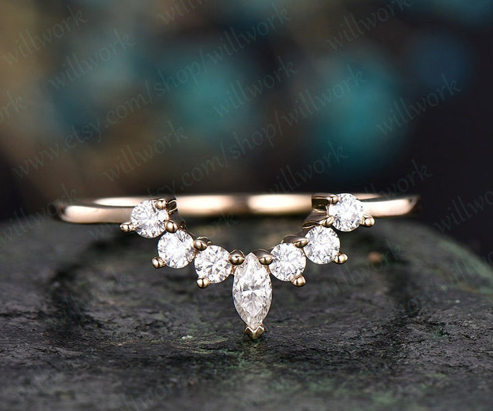 Marquise cut moissanite wedding ring 14k yellow gold crown moissanite matching band unique antique art deco curved wedding band gift for her