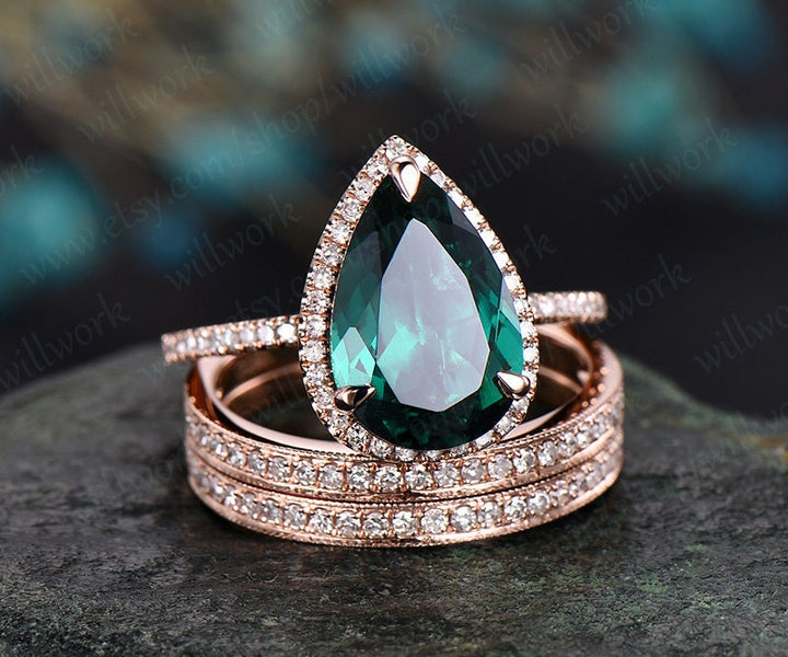 8x12mm pear emerald engagement ring set vintage 14k rose gold ring set diamond halo ring unique bridal ring set wedding promise ring set