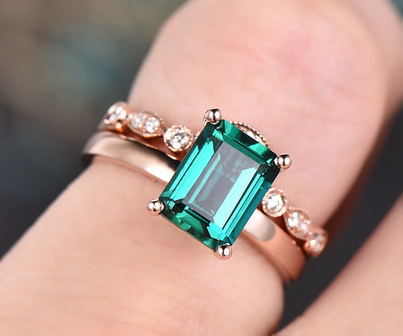 Green Emerald engagement ring set 14k Rose gold-emerald ring gold handmade Diamond ring May birthstone ring 2pcs emerald matching bridal set