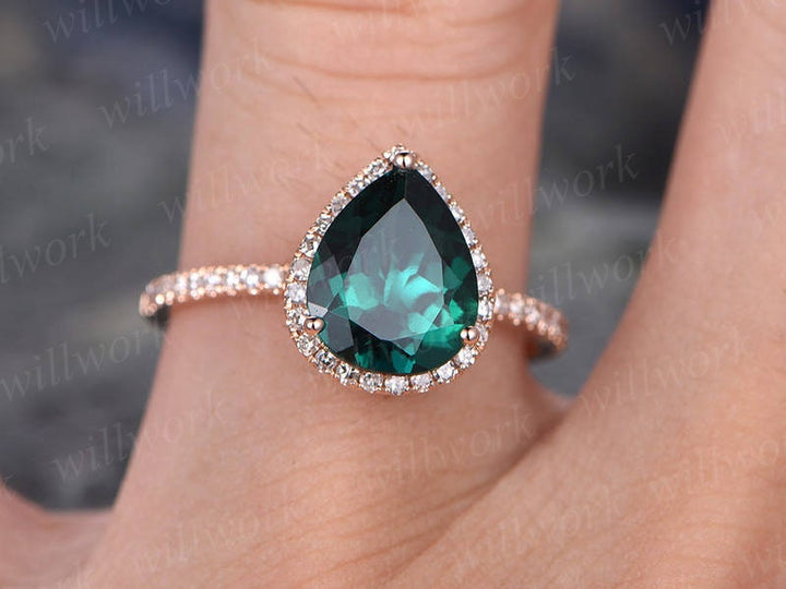 Emerald wedding ring 7x9mm pear cut emerald engagement ring rose gold handmade diamond halo ring may birthstone bridal promise ring for her