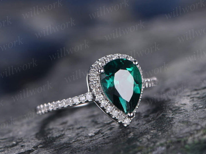 Green emerald engagement ring white gold handmade diamond halo ring tear drop 8x6mm pear cut gemstone promise ring gift for her Lab emerald