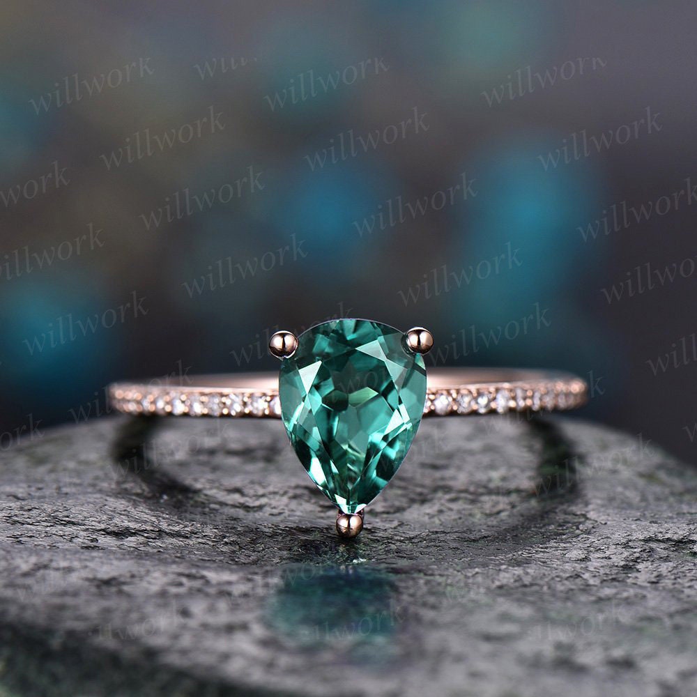 Teardrop Emerald engagement ring solid 14k rose gold under halo real diamond ring emerald  ring vintage promise wedding May birthstone ring