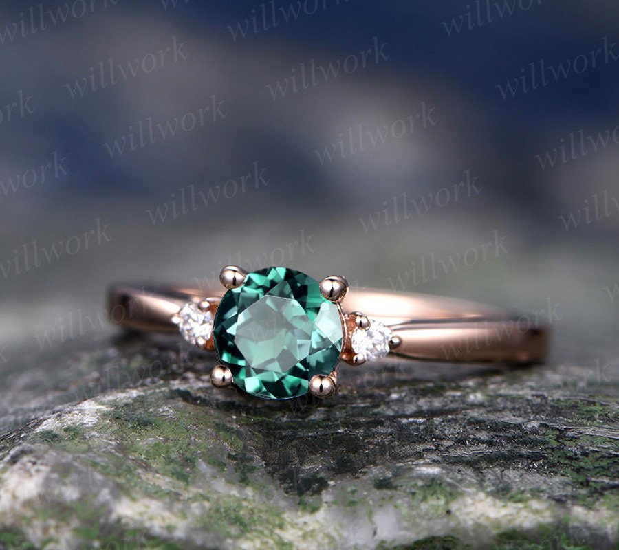 Three stone emerald engagement ring rose gold emerald ring gold diamond ring may birthstone antique Lab emerald wedding bridal promise ring