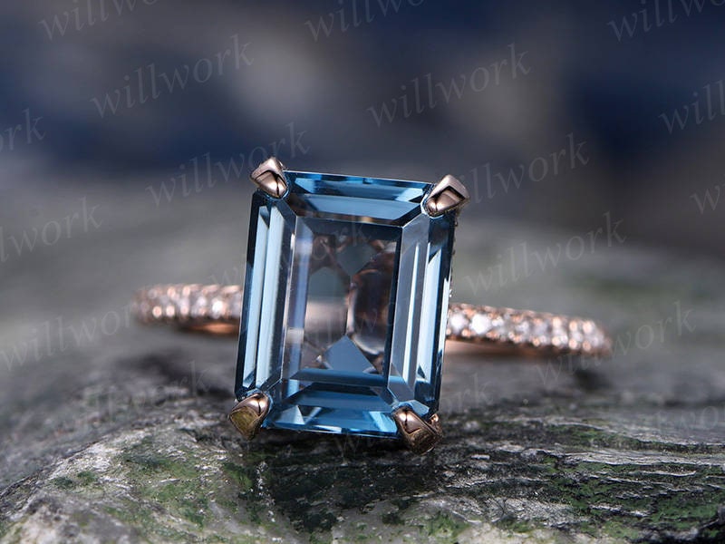 Vintage unique engagement ring under halo basket diamond ring emerald cut London blue topaz engagement ring 14k rose gold topaz ring gold