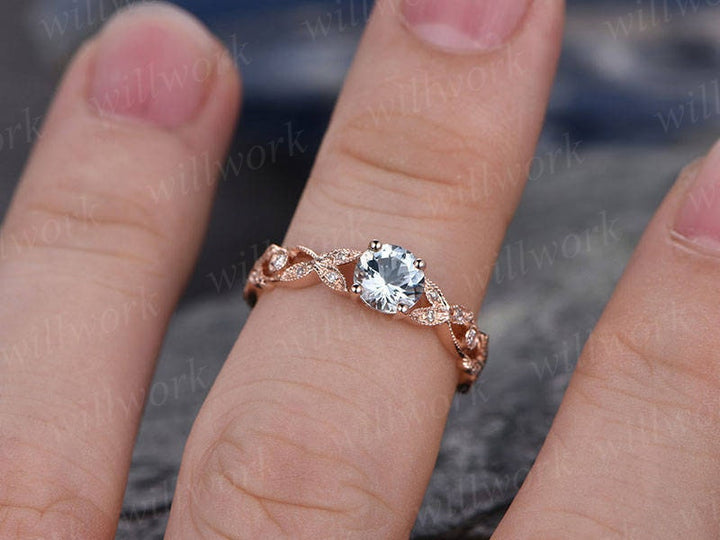 Blue aquamarine engagement ring solid 14k Rose gold full eternity diamond ring 5mm round cut flower unique antique gift bridal promise ring