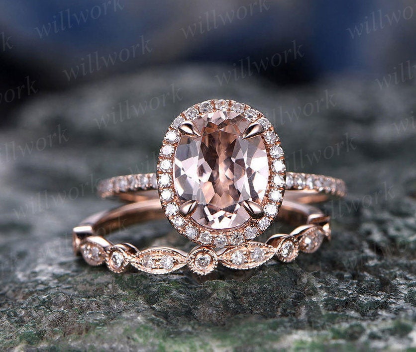 Morganite engagement ring set solid 14k rose gold ring real