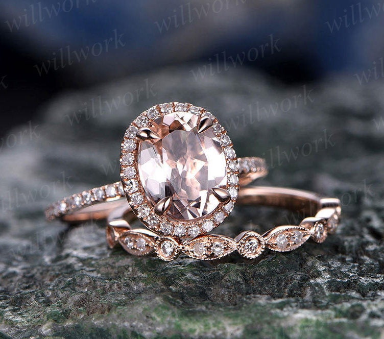 Morganite engagement ring set solid 14k rose gold ring real diamond halo ring matching oval antique jewelry wedding promise bridal ring set