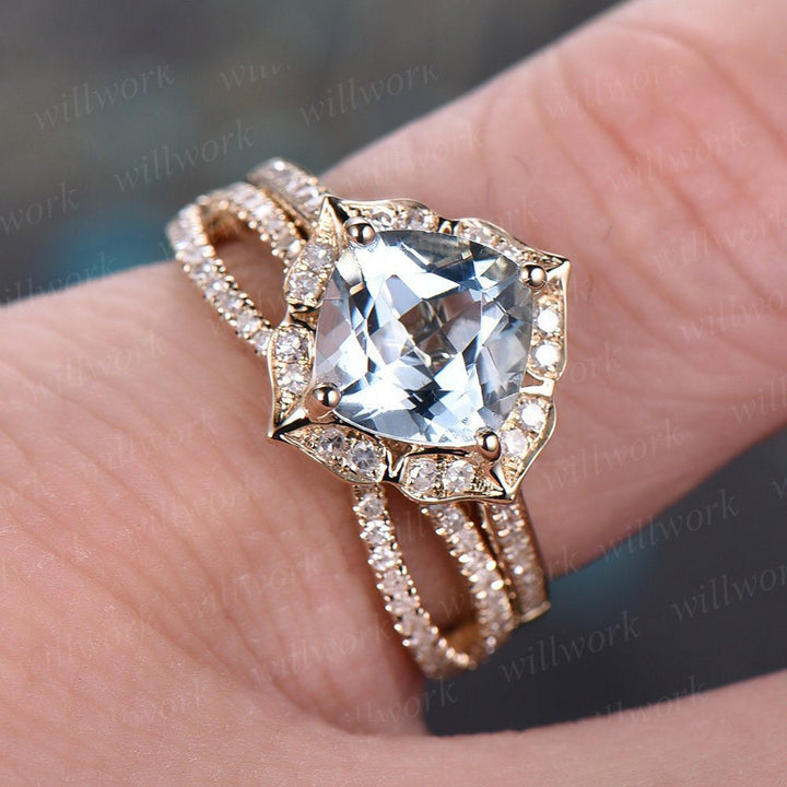 Blue aquamarine engagement ring set solid 14k yellow gold handmade diamond wedding ring 2PC stacking ring floral promise bridal ring set