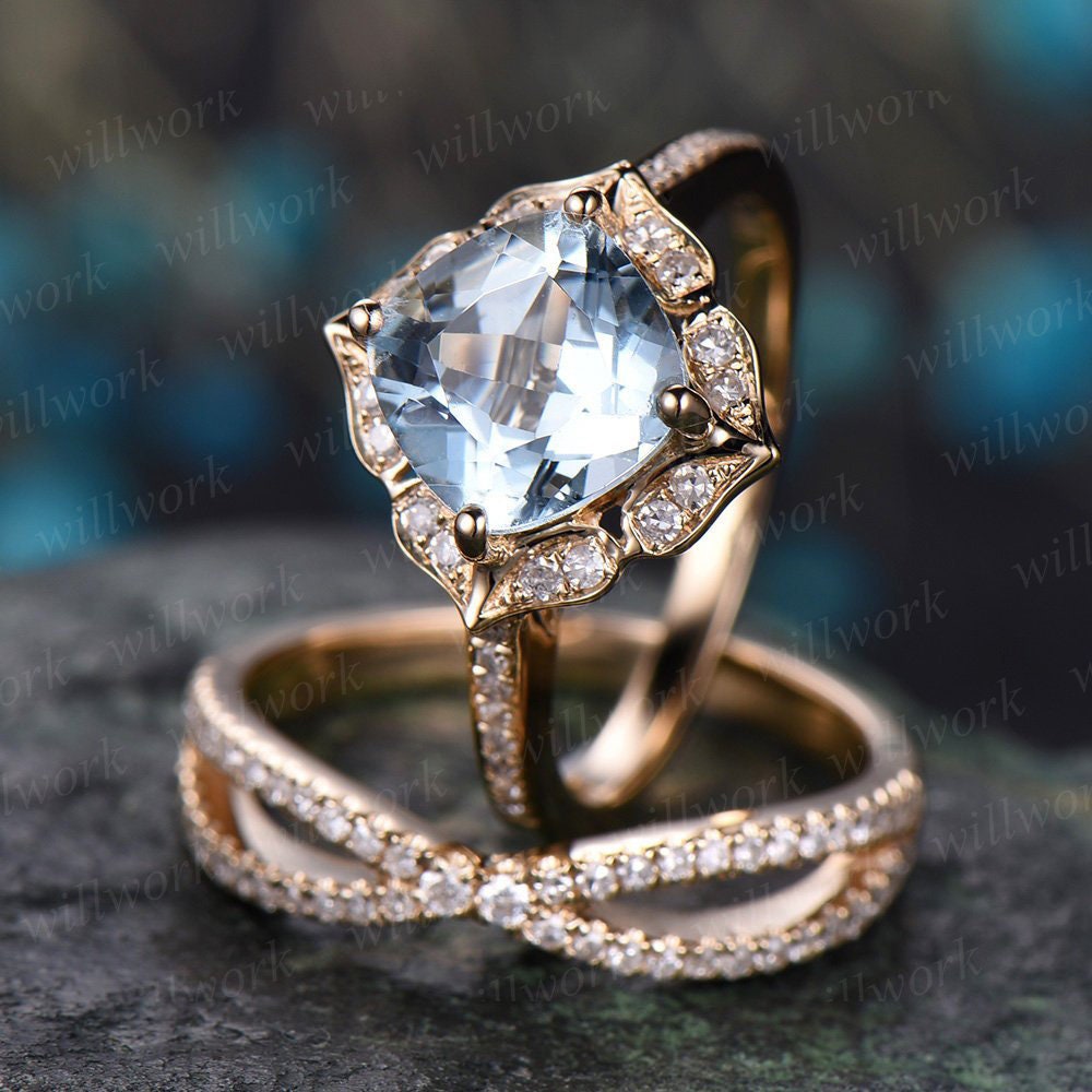 Blue aquamarine engagement ring set solid 14k yellow gold handmade diamond wedding ring 2PC stacking ring floral promise bridal ring set