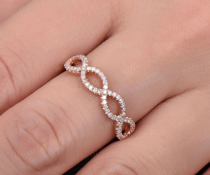 ONLY the diamond wedding band-handmade 14k Rose gold ring-Real Diamond Curved Infinity Stacking band-Half eternity Ring