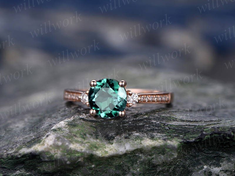 Three stone emerald engagement ring solid 14k rose gold ring real diamond ring emerald ring vintage may birthstone wedding promise ring