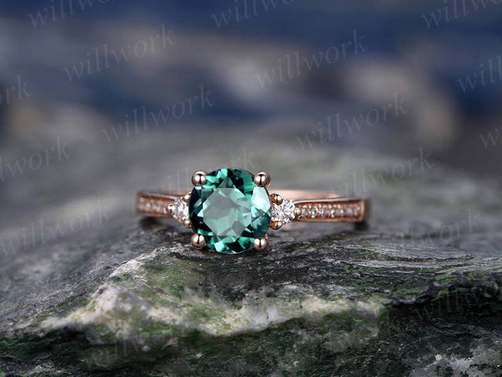 Three stone emerald engagement ring solid 14k rose gold ring real diamond ring emerald ring vintage may birthstone wedding promise ring