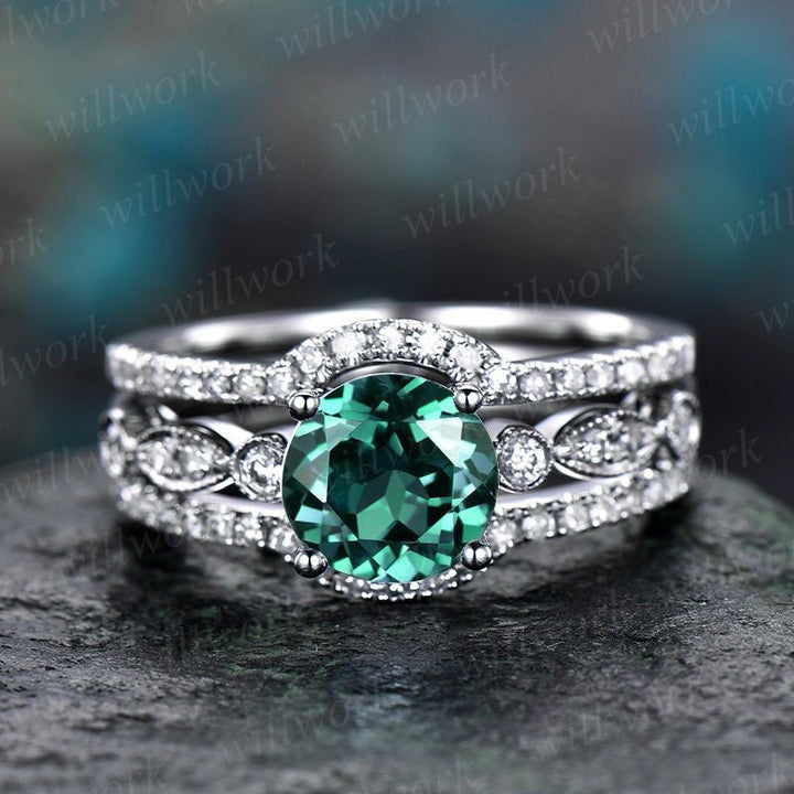 3pc emerald engagement ring set white gold emerald ring vintage diamond ring matching stacking marquise may birthstone promise wedding ring