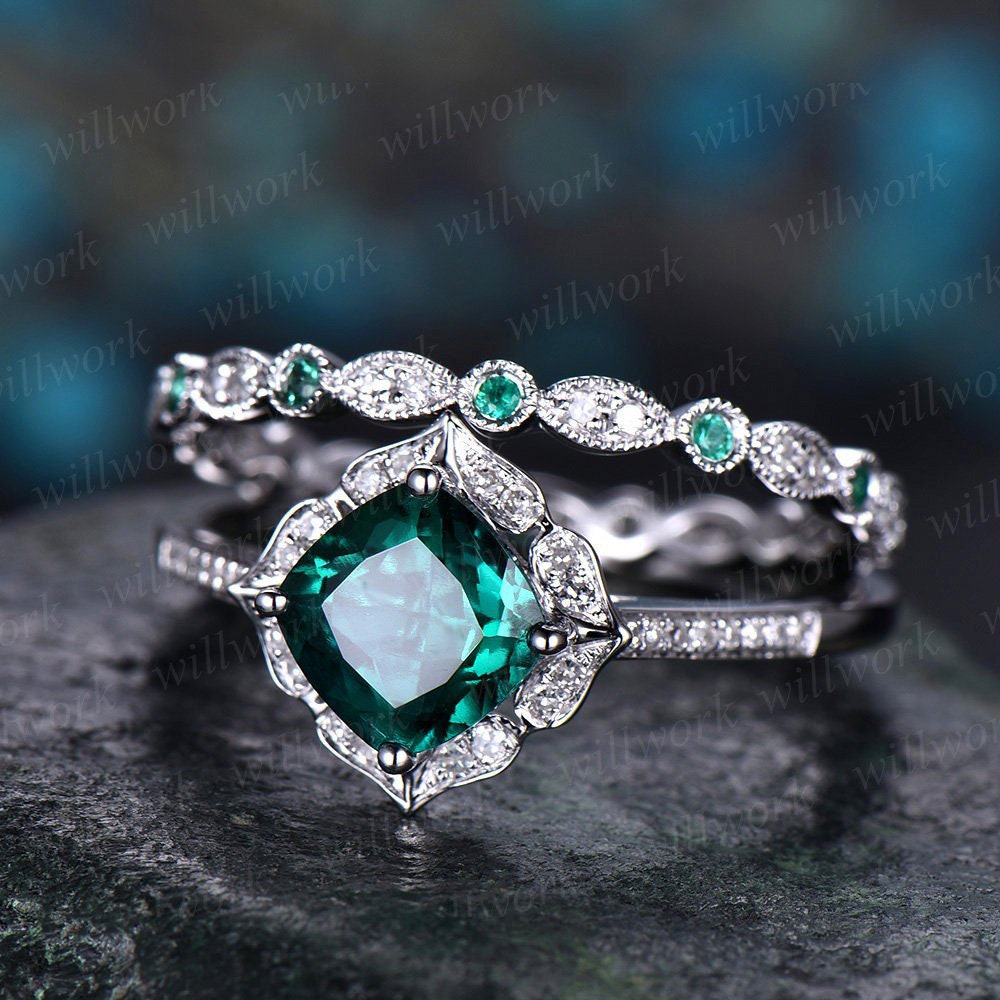 Cushion cut Emerald engagement ring set 14k white gold full eternity diamond matching band art deco halo gift wedding promise bridal ring set for her